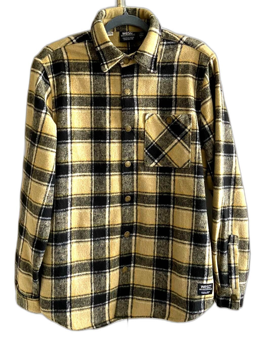 WeSC Oden OG Plaid Shirt Jacket Mens Medium Tan Black Swedish Streetwear